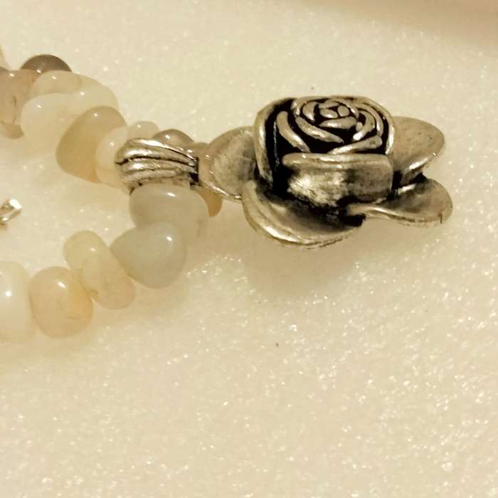Necklace QUARTZ smokey+milky irregular semi-precious gemstone pendant large rose silver tone metal