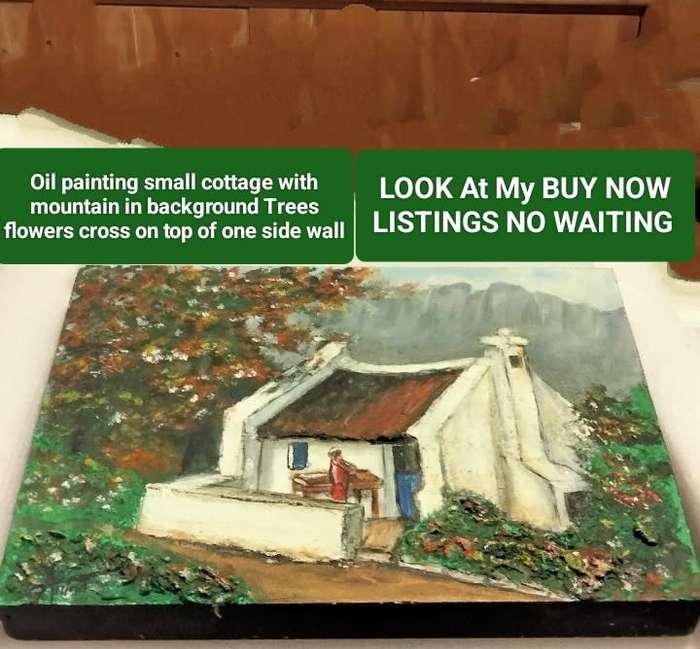 Painting Landscape Mountain trees house small Oil on board  scene Exquisite