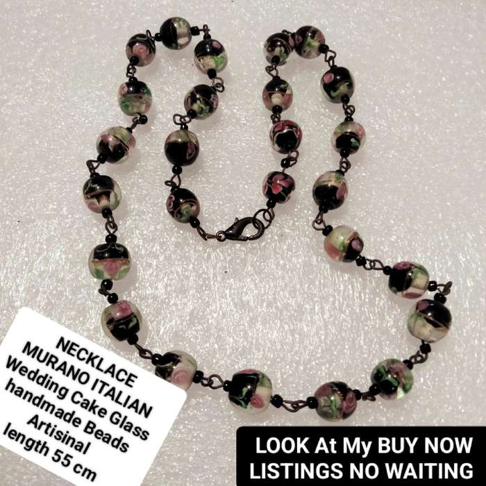 Necklace-  Murano -WEDDING Cake -pink rose black accent lampwork Glass handcrafted Vintage beads