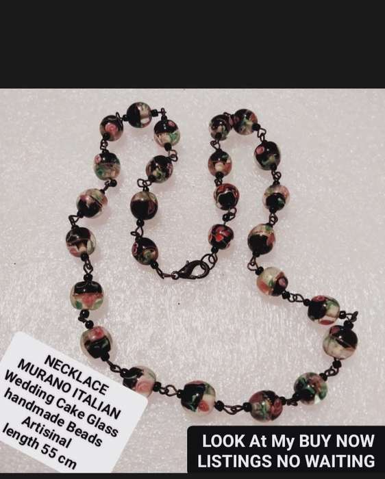 Necklace-  Murano -WEDDING Cake -pink rose black accent lampwork Glass handcrafted Vintage beads