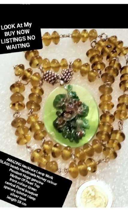 Necklace - amber lampwork glass beads handmade pendant Mother of Pearl -  floral bouquet on