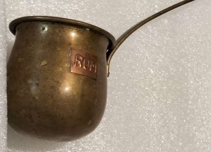 1 brass  RUM dipper long brass  handle oxidation PATINA - on RUM label is copper LOOK At My BUY NOW