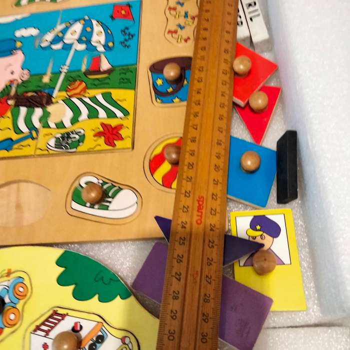toys Wooden Peg Puzzles X2 bright pretty 1 piece missing showing ware+ extra peg shapes+2sqblocks+ 2