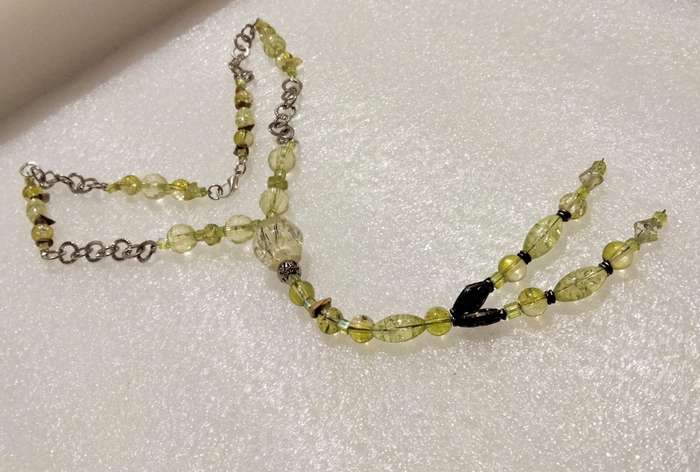 Necklace A Sautoir Murano beads Greens clear+ some gemstone`s + mix mainly glass hand