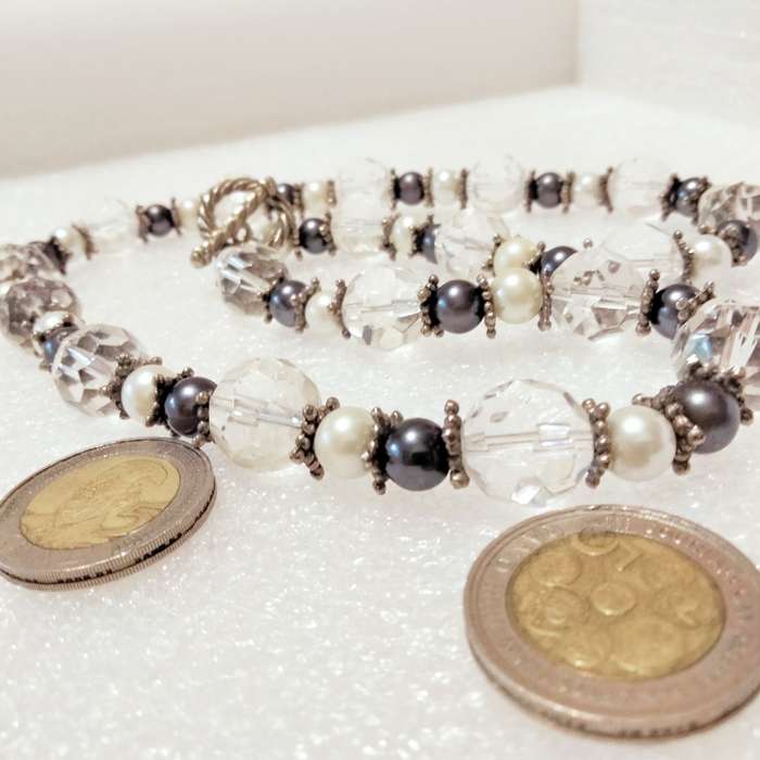 Necklace Czecholavakia large cut glass faceted crystals + cream+ grey Blue Pearls faux
