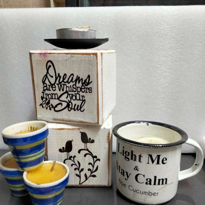 5 Candles Holders Wood blocks+metal mini Ceramic pots Enamel mug LOOK At My BUY NOW - NO WAITING