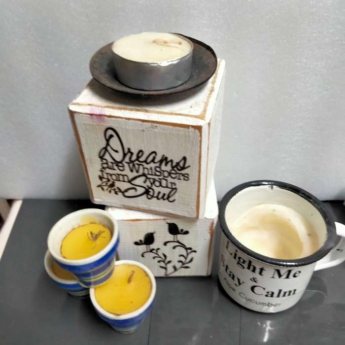 5 Candles Holders Wood blocks+metal mini Ceramic pots Enamel mug LOOK At My BUY NOW - NO WAITING