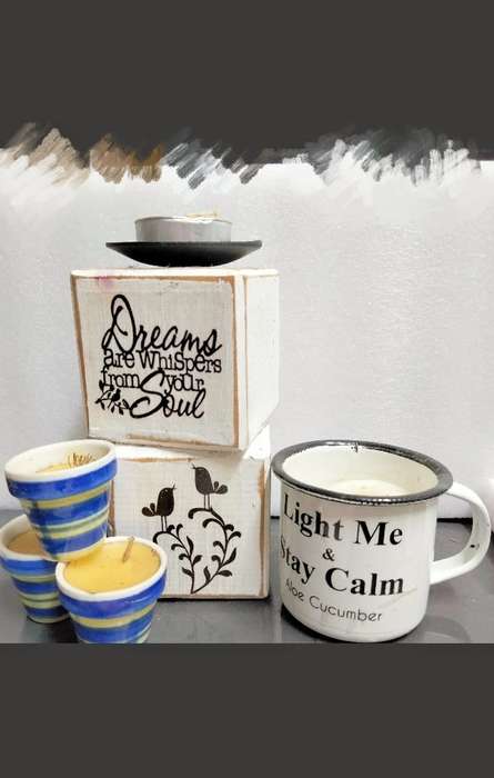 5 Candles Holders Wood blocks+metal mini Ceramic pots Enamel mug LOOK At My BUY NOW - NO WAITING