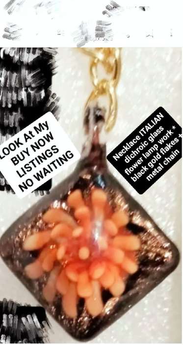 Necklace ITALIAN dichroic Glass flower Lampwork Gold Flakes+Chain Look at my Buy Now No Waiting
