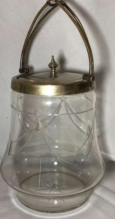VERY RARE ANTIQUE CUT GLASS & SILVER PLATED BISCUIT BARREL (16CM)