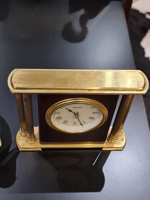 Vintage Gold and Woodgrain Staiger Tabletop Clock