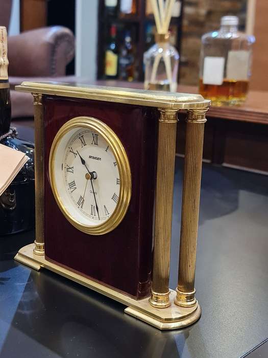 Vintage Gold and Woodgrain Staiger Tabletop Clock
