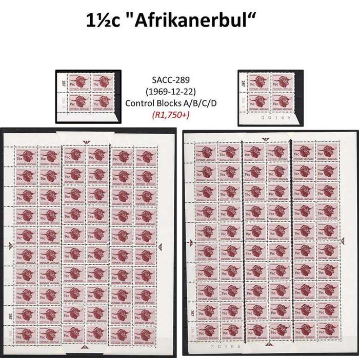 1969-71 RSA 1st Def 1½c "Afrikanerbul" Extensive (**) Study in Controls & Var. CV = R4,000+