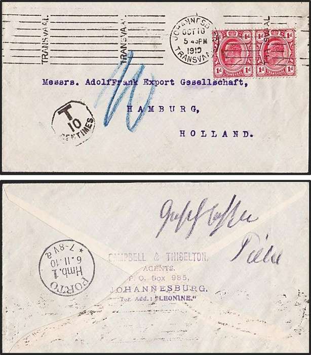 1910 Union - Insufficient Letter Rate (2d) to Germany (2½d) - Taxed 10c (Double Defficiency)