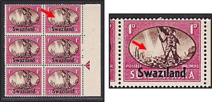 1945 Swaziland Victory Issue BARBED WIRE VARIETY on UMM Arrow Block of 6 - SEE SCAN