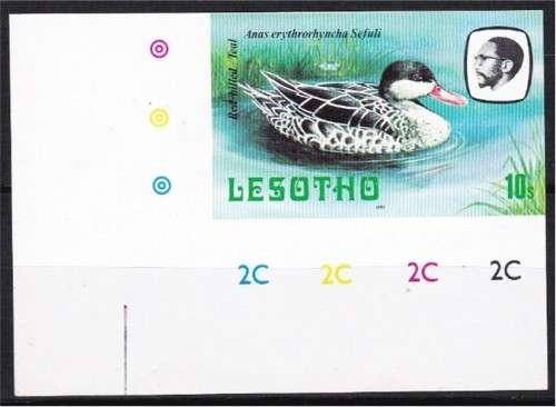 1981 Lesotho 10s Red Billed Teal Imperf Numbered Corner Block UMM (**)