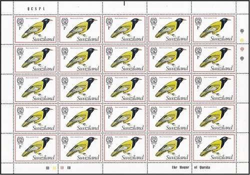 1976 Swaziland 1c Oriole Full UMM(**) Sheet - Nice Thematic