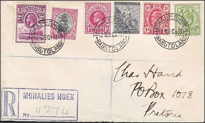 1933 Basutoland,  Mohalies Hoek Cover with MIXED FRANKING (Natal/Tvl/OFS/CoGH/Union)