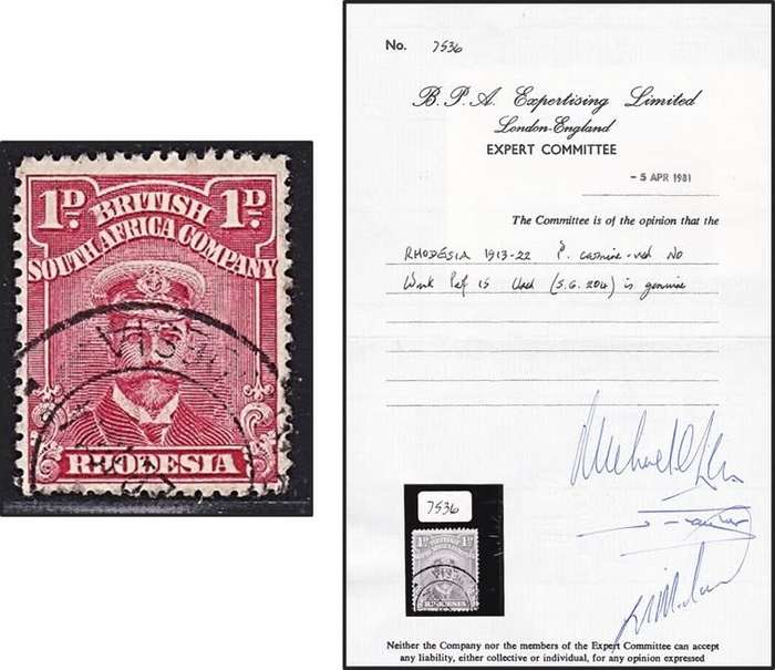 1913/22 BSAC 1d Carmine Red SG.204 Perf.15, No Wmk, Used with Certificate
