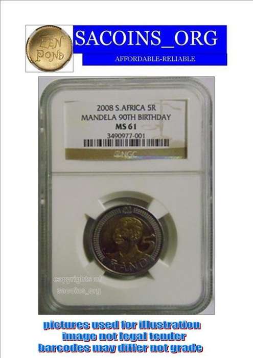 RARE *MS61*--2008 MANDELA 90TH BIRTHDAY R5 COIN MS61-(WHEN LAST U SEEN 1)-NGC GRADED