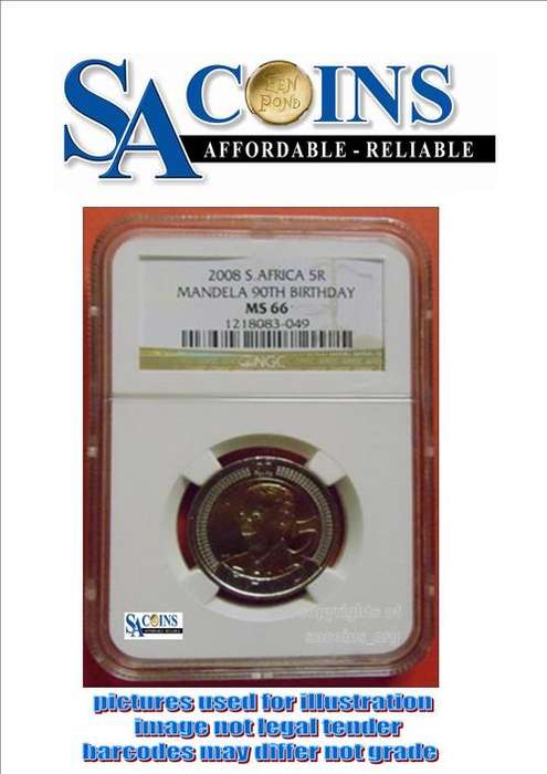 **15 AVAILABLE**GRADED 2008 MANDELA 90TH BIRTHDAY R5 COIN MS66- HIGH GRADE- CERTIFICATE INCLUDED!