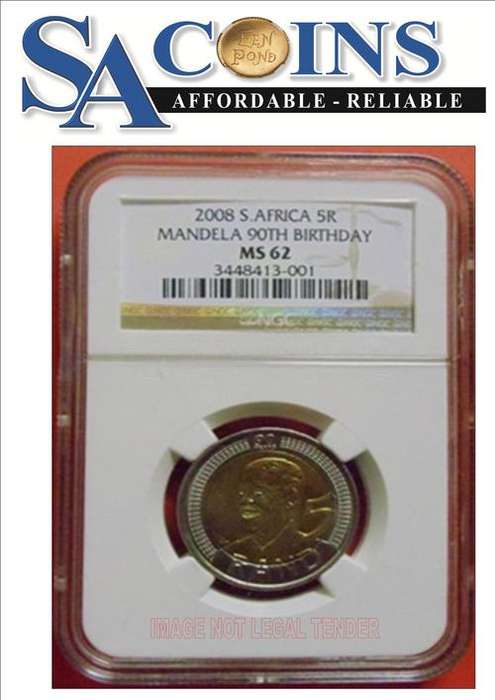 *2 available* MS62 *--2008 MANDELA 90TH BIRTHDAY R5 COIN MS62 - HIGH GRADE- CERTIFICATE INCLUDED!