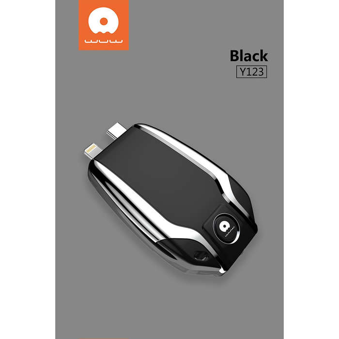 1500mAh Emergency Power Bank with Light IPHONE & TYPE-C - Black