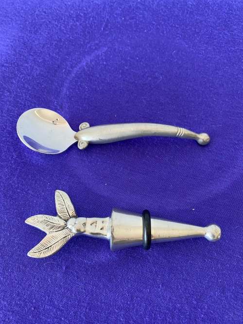 CARROL BOYES STAMPED WINE BOTTLE STOPPER AND SUGAR SPOON