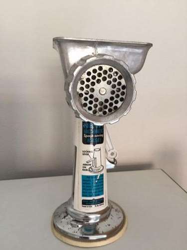 GRIND-O-MAT ENAMELLED METAL MINCER WITH STAMP