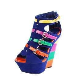 Rainbow Buckle Colorblock Suede Wedges BLUE