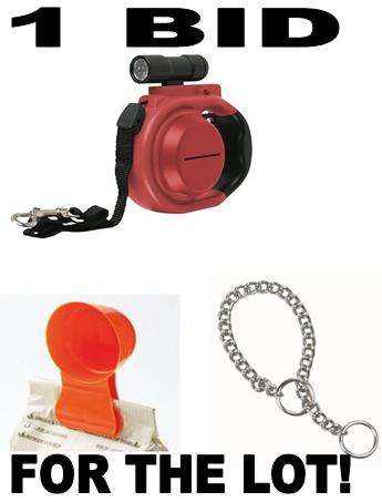 3 PIECE - MIXED LOT PET PRODUCTS - RETRACTABLE LEAD + CHAIN + FEED SCOOP N CLIP