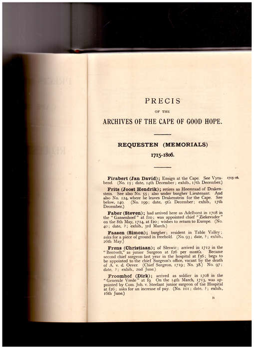 PRECIS OF THE ARCHIVES OF THE CAPE OF GOOD HOPE, REQUESTEN OR MEMORIALS F-O VOL.II