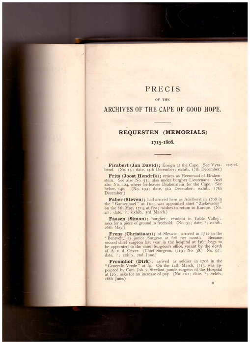 PRECIS OF THE ARCHIVES OF THE CAPE OF GOOD HOPE, REQUESTEN OR MEMORIALS F-O VOL.II 1 ST ED. 1906