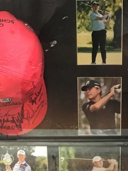 SOUTH AFRICAN OPEN CHAMPIONS BOX FRAMED PHOTOS AND SIGNED CAP FROM HALL OF FAME SUN CITY