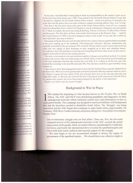 WAR IN PEACE, THE TRUTH ABOUT THE SOUTH AFRICAN POLICE`S EAST RAND RIOT UNIT 1986-1994