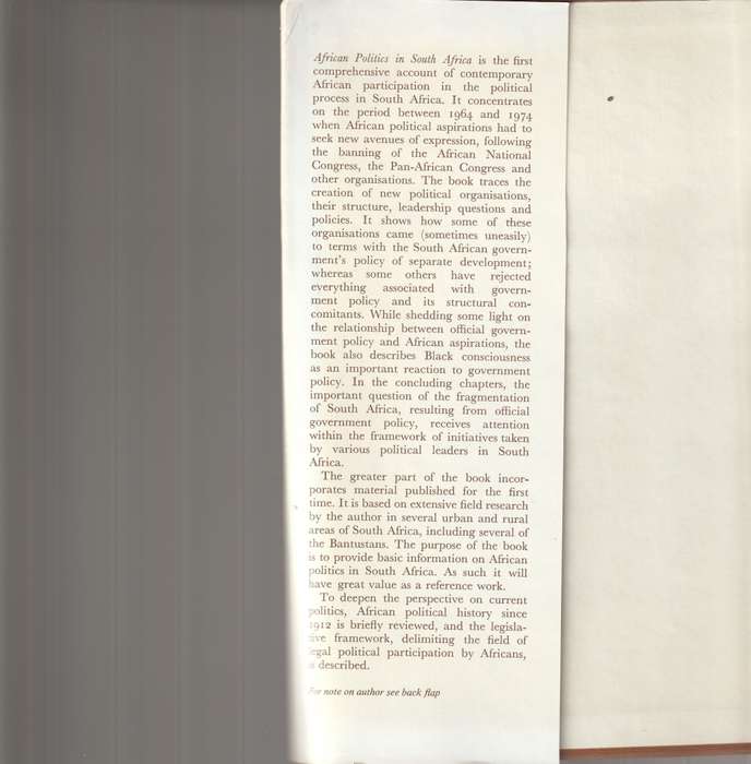AFRICAN POLITICS IN SOUTH AFRICA 1964-1974 PARTIES AND ISSUES