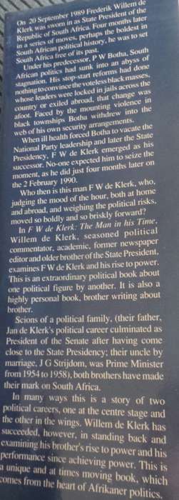 The Man In His Time - FW De Klerk 1st Ed