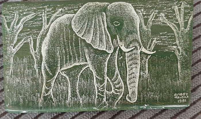 Malachite slice paperweight with elephant sketch by Bigboy Maloka