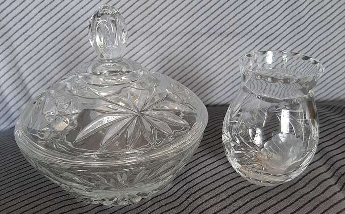 2 cut Crystal pieces - bowl with lid & vase