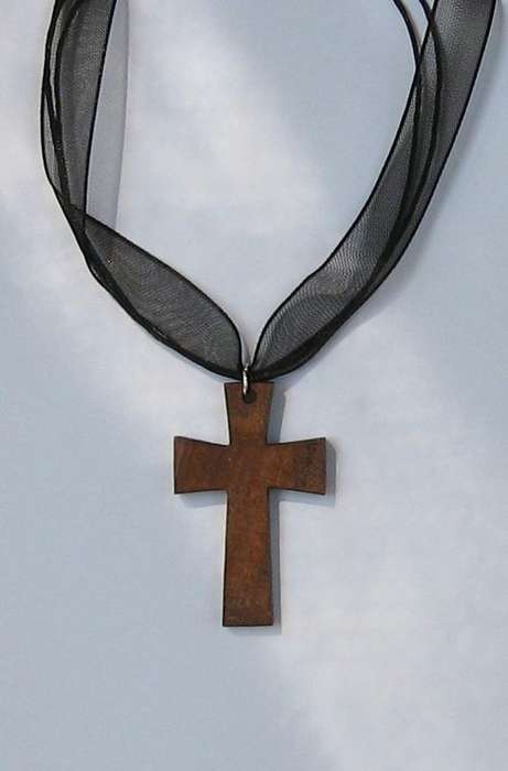 Weekend Special*** Wooden Cross on Black Organza & Silk Cord 45cm ***