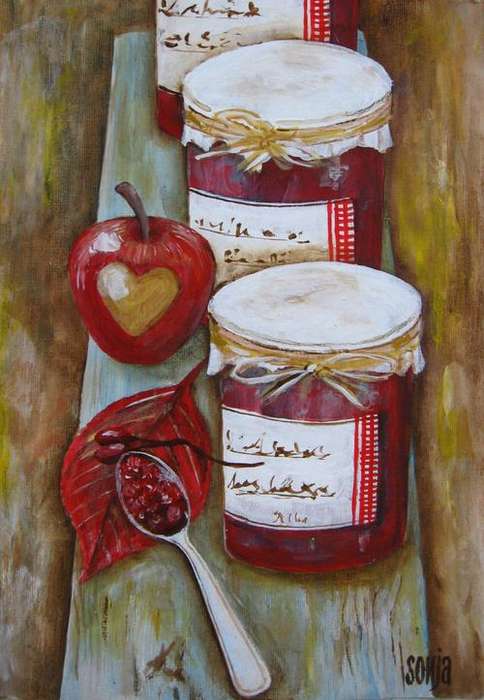 ***Acrylics - Apple and berry jam still life - Sonja Peacock***