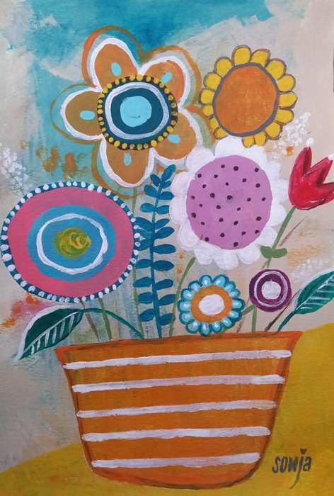 Flowers in striped pot  -  Acrylics on paper