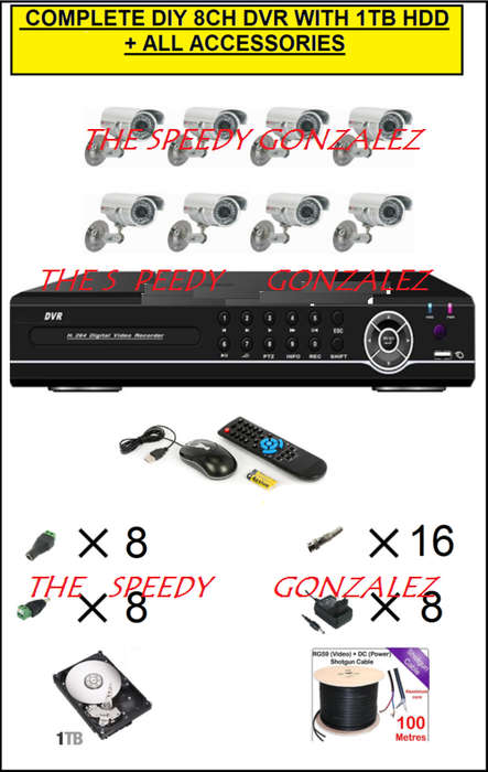 COMPLETE 8CH DIY DVR WITH 1TB HDD+ 8 CAMERAS + CABLE & ACCESSORIES
