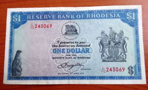 1976 Rhodesia one Dollar Banknote With Rhodes Watermark