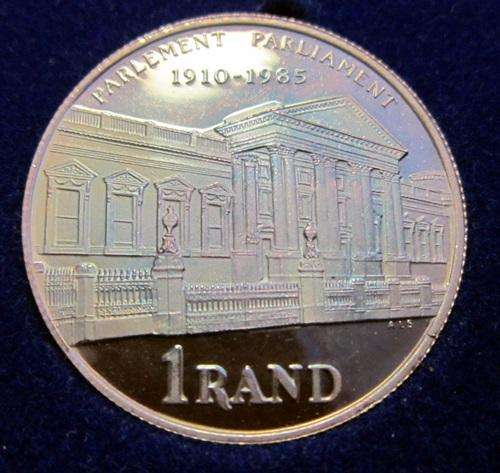 ## 1985 South Africa Parliament Proof Silver R1 in SAM Box ##