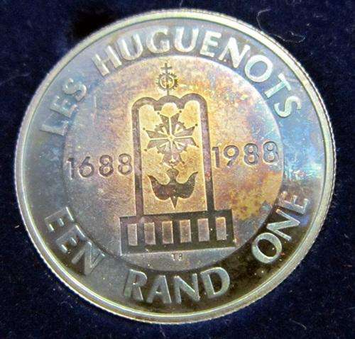 ## 1988 South Africa Les Huguenots Proof Silver R1 in SAM Box ##