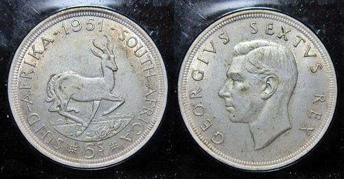 ## UNC Detail 1951 South Africa Silver 5 Shillings ##