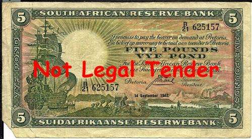 ## J. Postmus 1st Issue 5 Pounds Note E/A 14 September 1942 B21 625157 ##