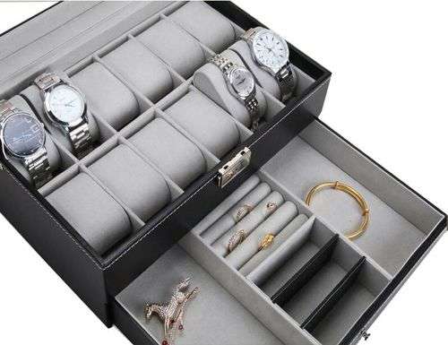 WATCH BOX DISPLAY CASE STORAGE ORGANISER 12 SLOT DIVISION SMOOTH PU LEATHER DOUBLE TIER JEWELRY BOX