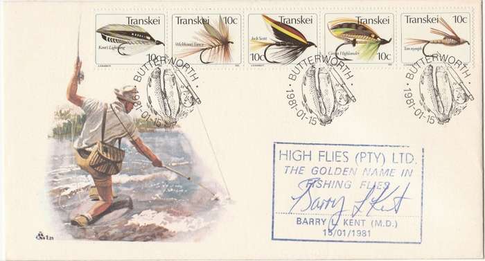 Transkei Fishing Flies FDC 1.21  cachet and signed by Barry Kent as scan